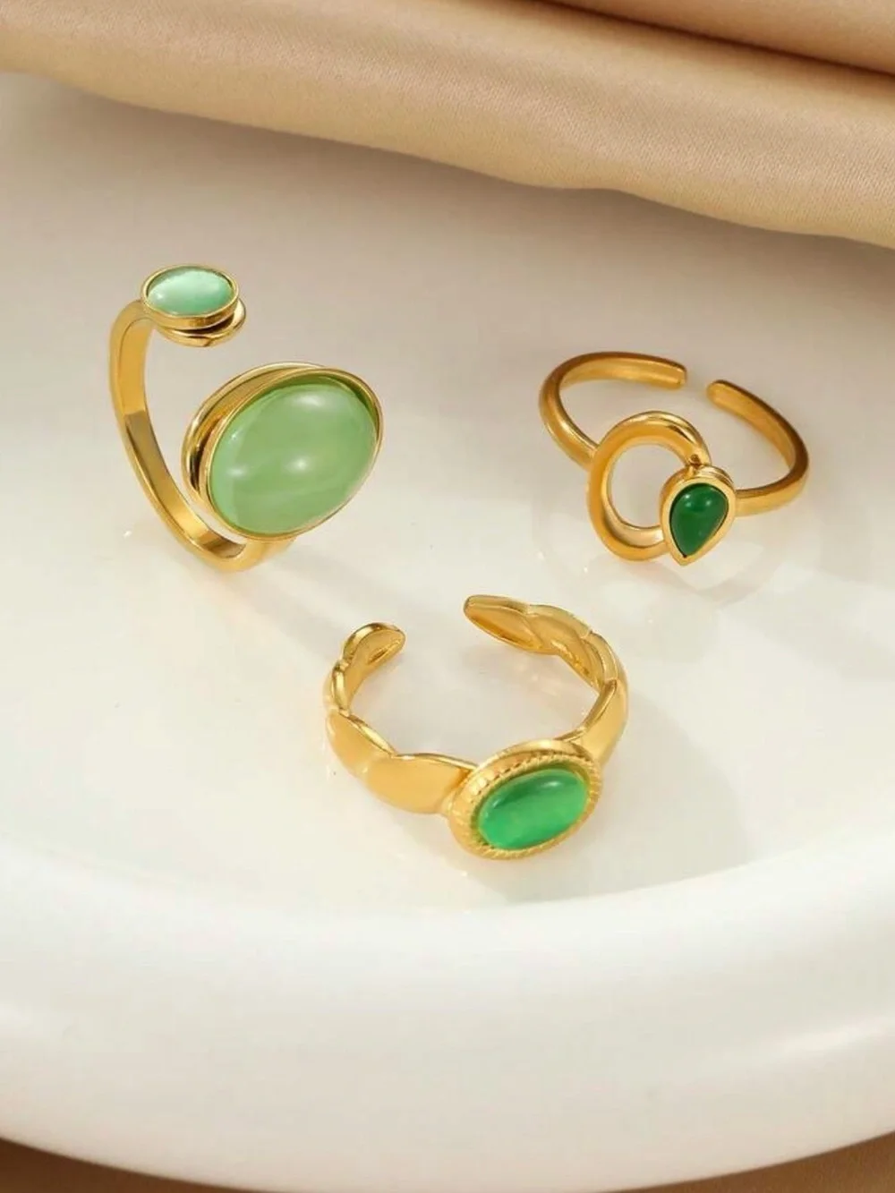 Gold Plated Green Stone Stacking Ring Set
